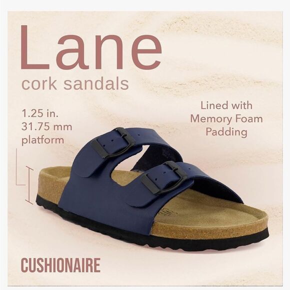 Cushionaire LANE Blue Nappa Leather Suede Pad Double Strap Slide Sandal - Picture 3 of 16